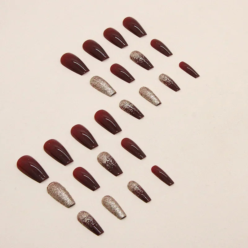 Gold Pink Wine Red 24 Pcs Fake Nail with Jelly sticker Press on False Nails Wearable Round Head Oval Full Cover Nail Tips
