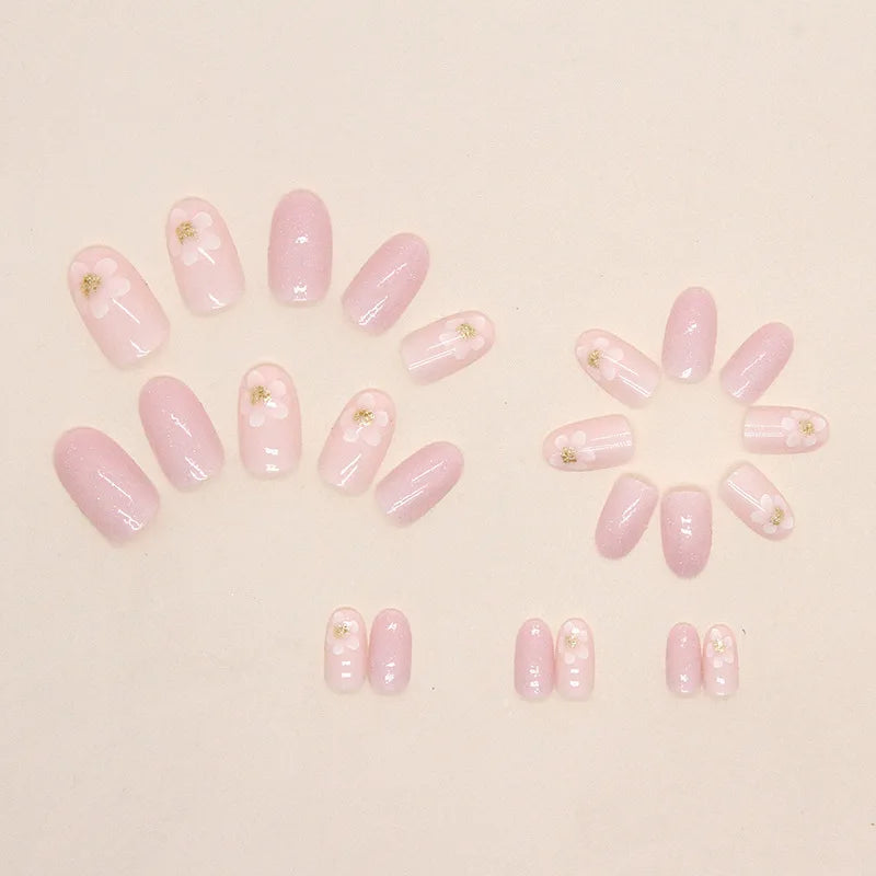24 PCs Short French Simple Flower Nails with 1 Jelly Gel and 1 Nail File