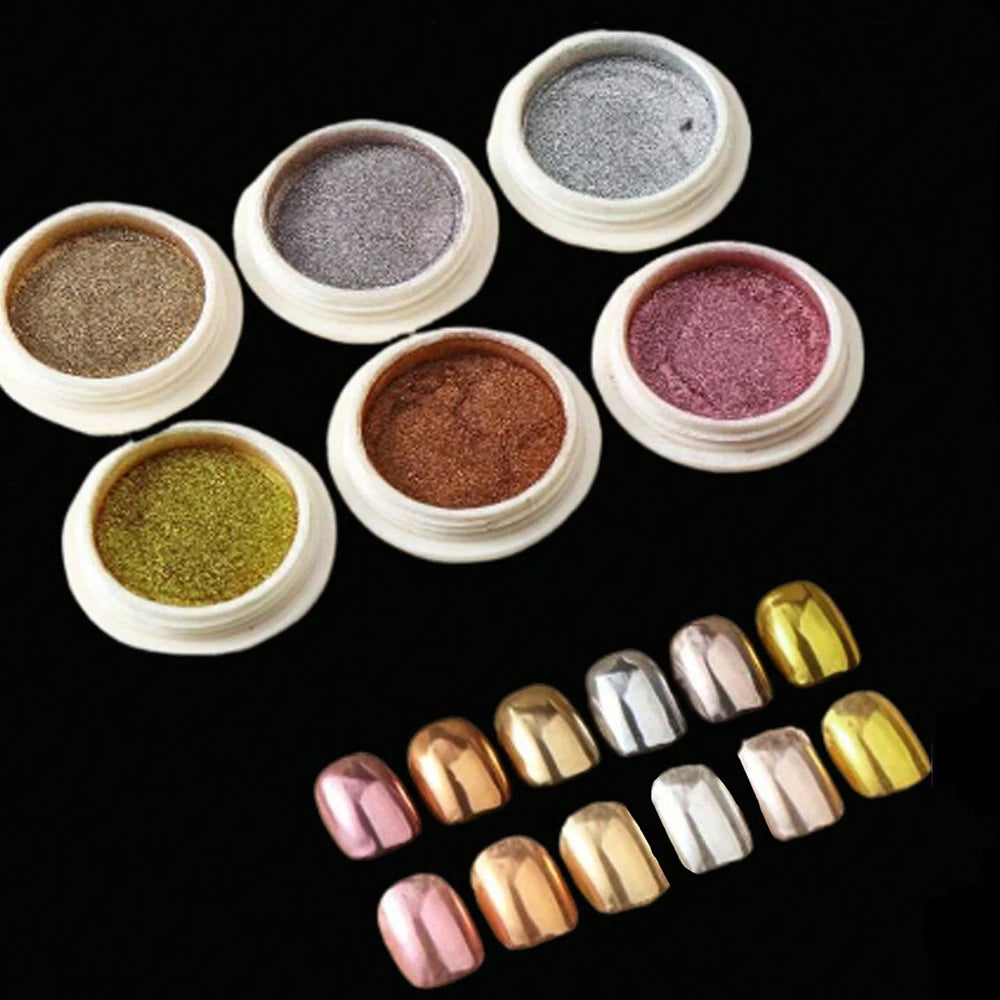 6Pcs/Set Magic Mirror Nail Art Powder Net0.5g/Jar Holographic Metallic Chrome Pigment Laser Gold Silver Manicure Rubbing Dust *&