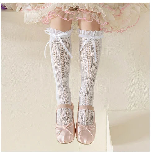 Girls Long Tube Lace Stockings Sweet Bow Pattern Mesh Sock Baby Girl Ballet Fishing Net Frilly Socks Lolita Leggings