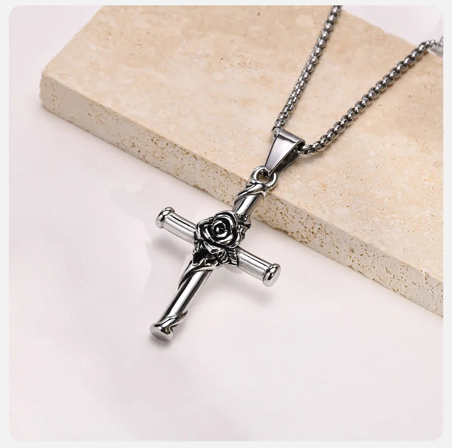Vnox Men Cross Necklace, Stainless Steel Rose Cross Pendant with Box Chain, Unisex Cool Crucifix Jesus Faith Aesthetic Collar