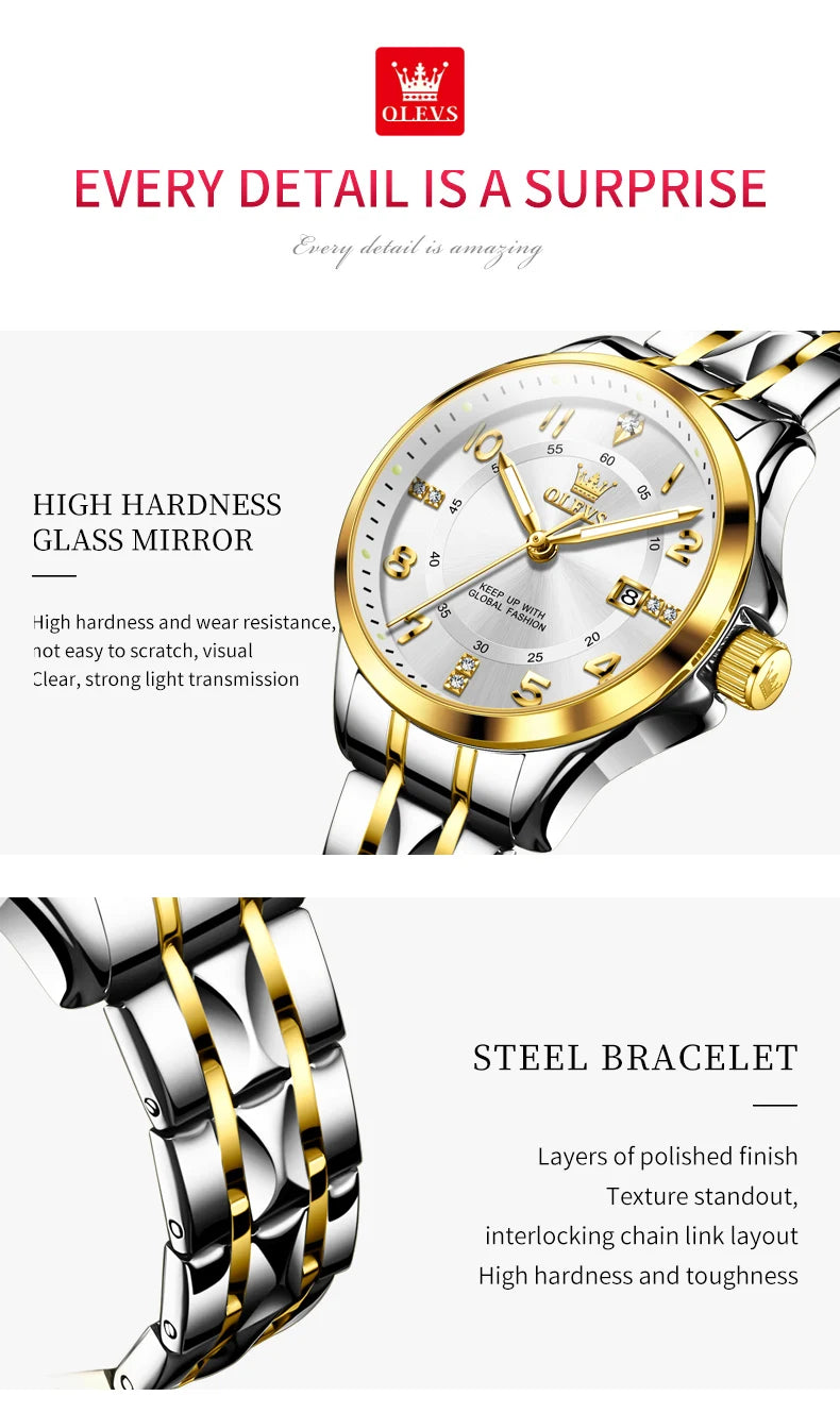 OLEVS 2910 Luxury Men Women Couple Watch Dual Calendar Display Waterproof Stainless Steel Clock Gold Diamond Couple Quartz Watch