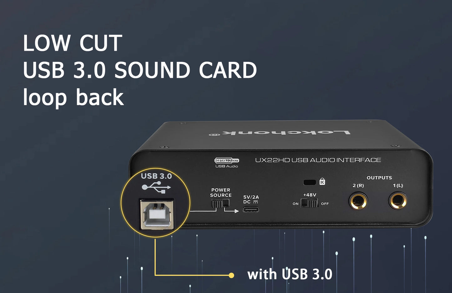 UX22 Audio Interface Soundkarte 24-Bit/192kHz Ad Converter, E-Gitarre Live-Aufnahme Profession Eller Studio-Gesang, Podcast