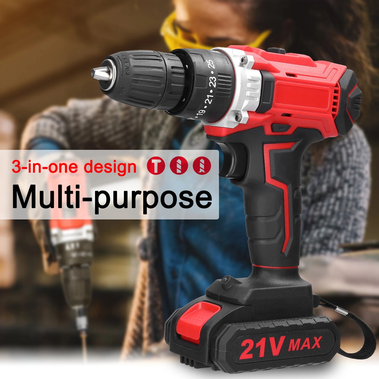 21V Electric Drill Brush Motor 2 Speed Control Stepless Speed Regulation Rotation Ways 25 Gears Torques Adjustable Lithium Drill