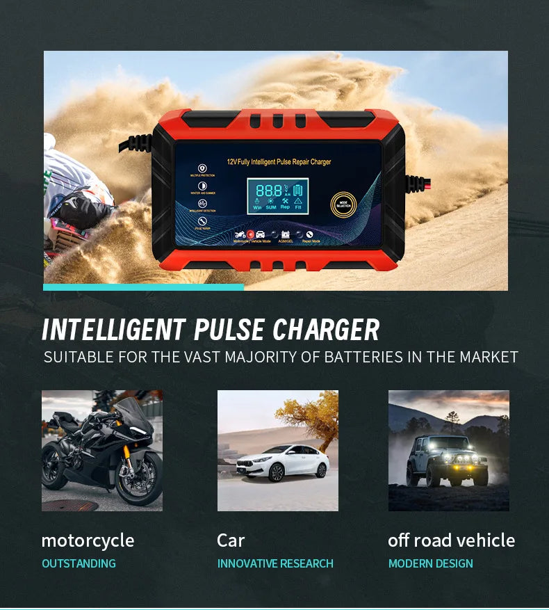 Car Battery Charger Intelligent Pulse Repair LCD Display 12V Car Battery Motorcycle Battery Charging Battery Repair Charger