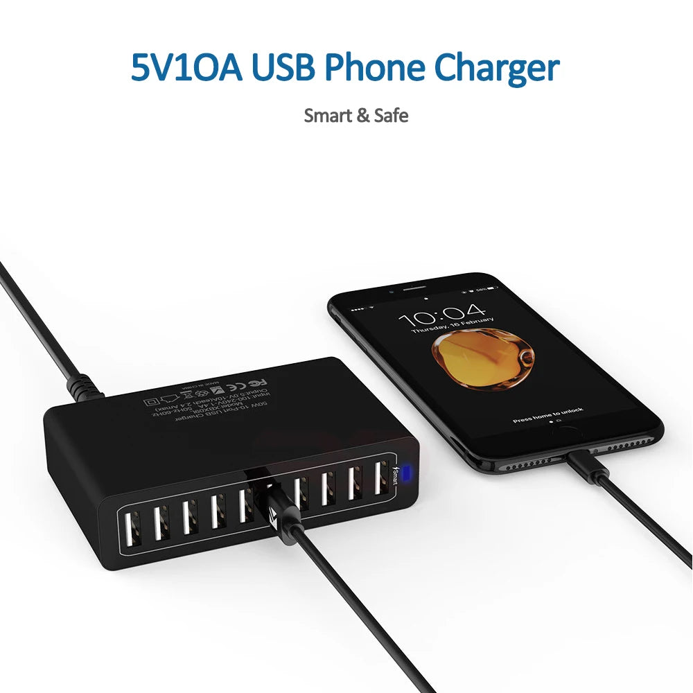 60/65W USB Charger Station 10 Port Desktop USB Fast Charger for Smart USB Charger for Multiple Devices Smart Phone Tablet Laptop