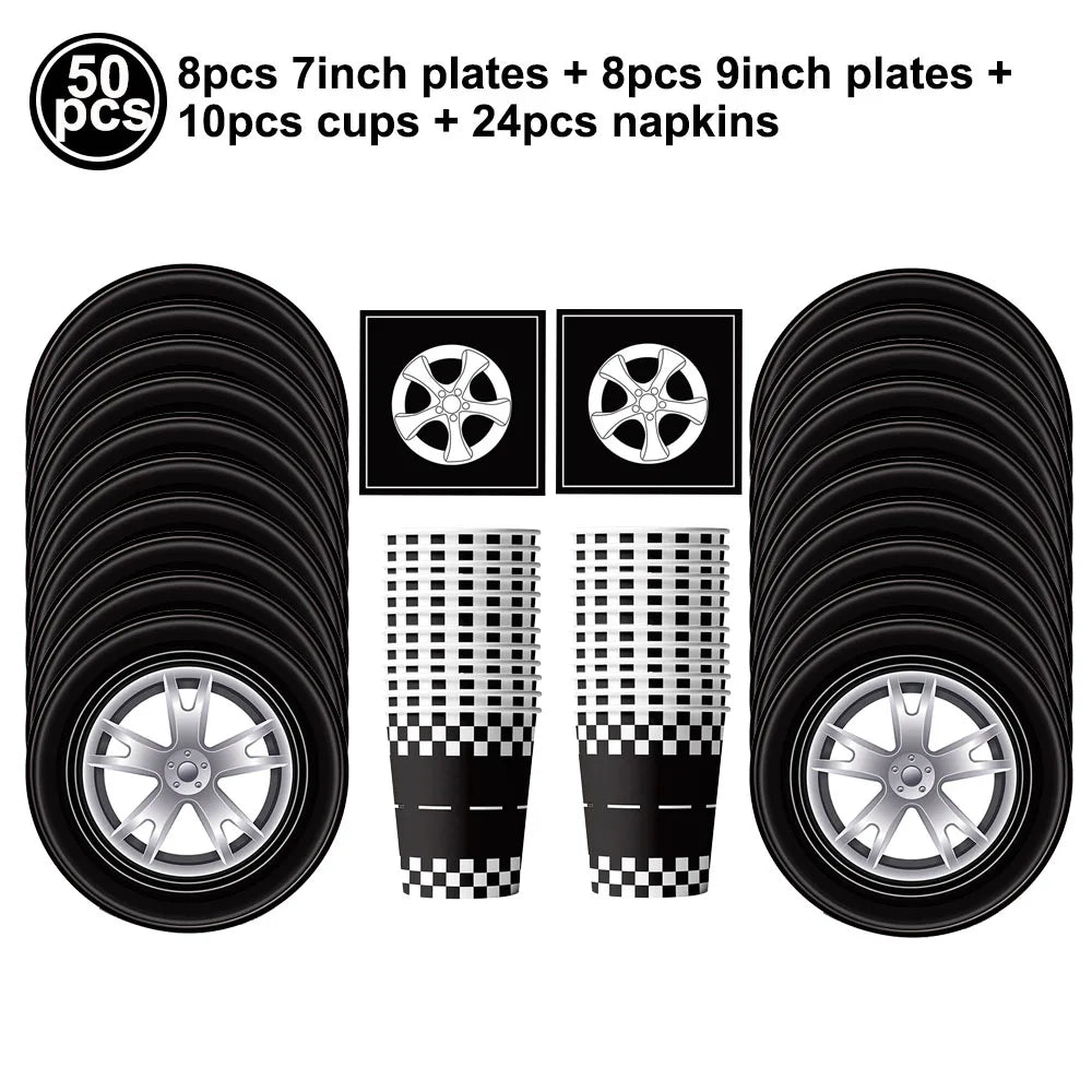 Traffic Cones and Racing Checkered Flags Black White Flags Kids Racing Theme Decorations for Race Car Birthday Party Supplies