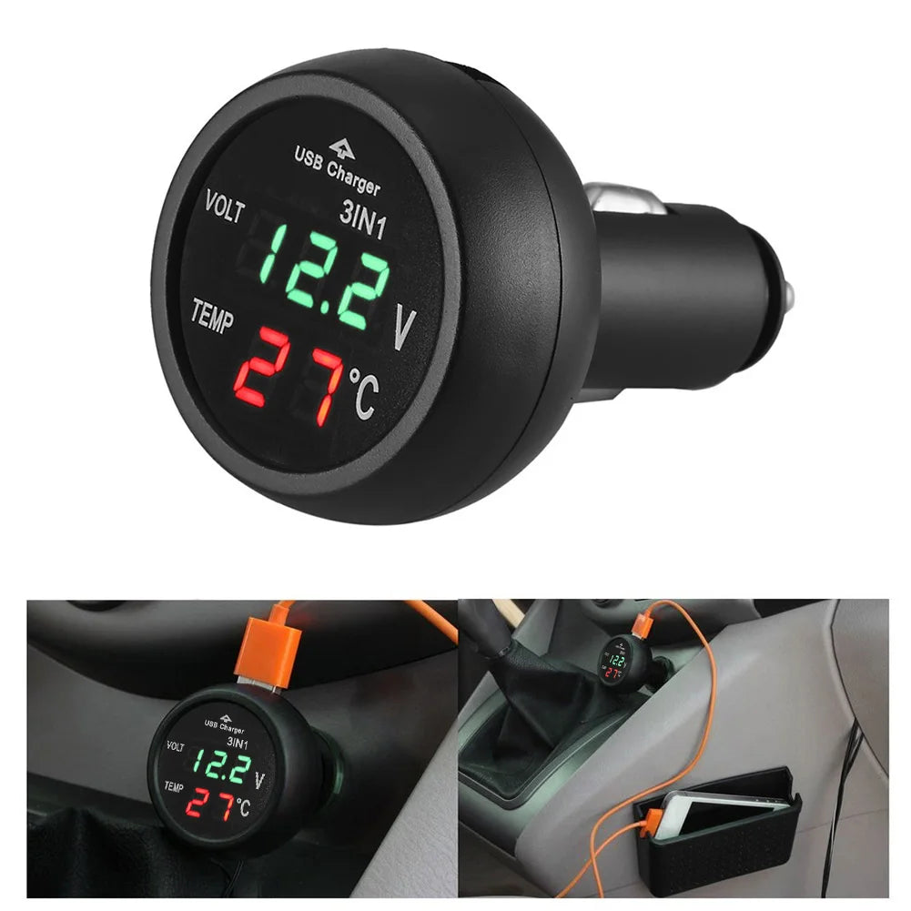 3 in 1 12/24V Car Auto LED Digital Voltmeter Gauge Thermometer USB Charger Monitor Display Charging for Phone Tablet GPS