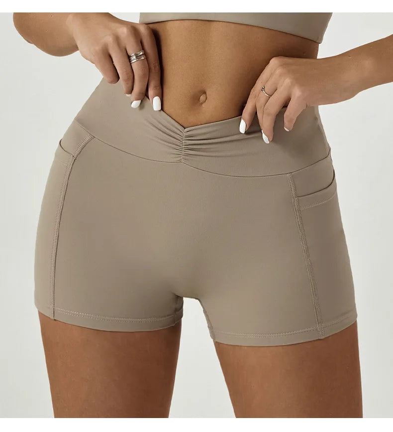 Tight Fitting Hip Yoga Shorts Pockets Women High Waisted Fitness Outdoor Leggings Scrunch Lifting Yoga Biker Shorts