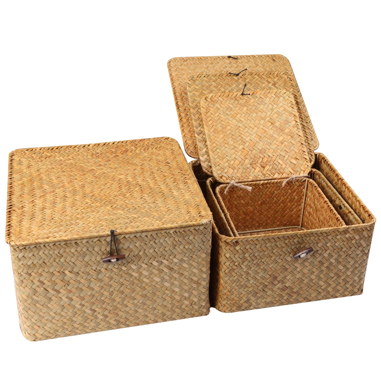 Set of 4 Seagrass Basket with Lid Wicker Storage Basket Decor Storage Boxes Flat Storage Bins Woven Organizer Baskets for Shelf