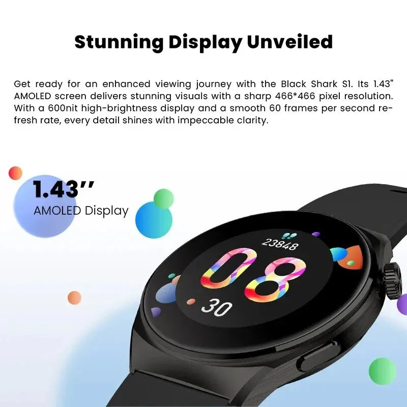 Black Shark S1 Smartwatch Global Version 1.43'' AMOLED Screen Health Monitoring Fitness Watch 10 Days Battery Life