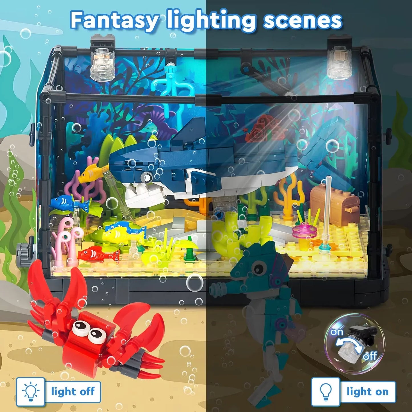 Idea Fish Tank Building Block Set with Light，Aquarium, Marine Life, Jellyfish And Turtle Ecological Tank, Toys For Boys And Girl