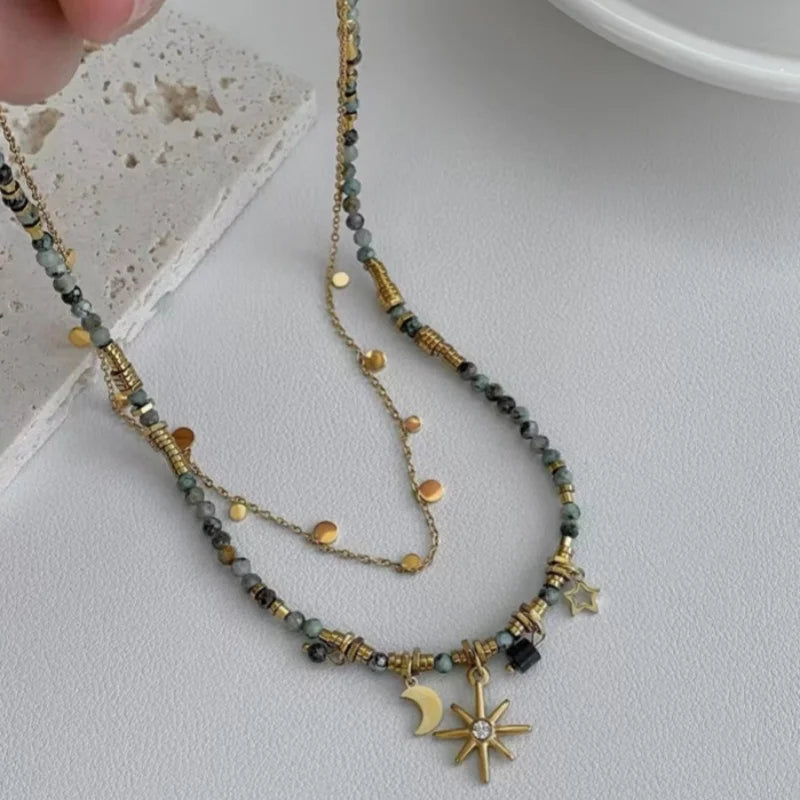 2Pcs/Set Elegant Beaded Necklace Vintage Sun Star Moon Pendant Necklace for Women Fashion Party Jewelry Gift