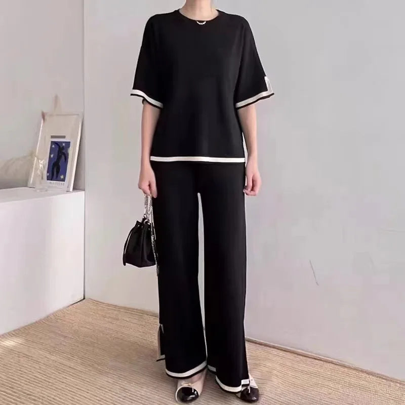 2024 Fashion Minimalist Patchwork Loose Short Sleeved Sweater Top High Waisted Slimming Wide Leg Pants Two-piece Set