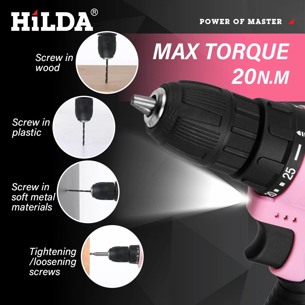 HILDA Electric Drill 12V Cordless Drill Electric Screwdriver Mini Wireless Power Driver DC Lithium-Ion Battery