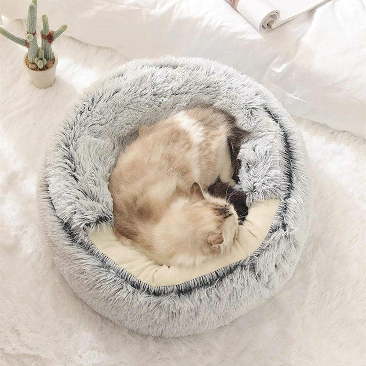 Cat Bed Round Plush Fluffy Hooded Cat Bed Cave,  S/M/L Cozy for Indoor Cats or Small Dog beds, Doughnut Calm Anti-nxiety Dog Bed