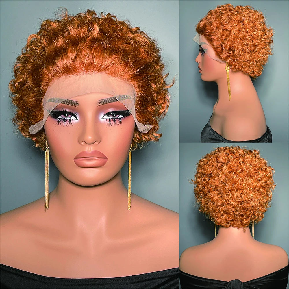 99J Wigs Human Hair Cheap Pixie Cut Wig 13X1 Transparent Lace Wig For Women Short Curly Human Hair Wig 180 Density
