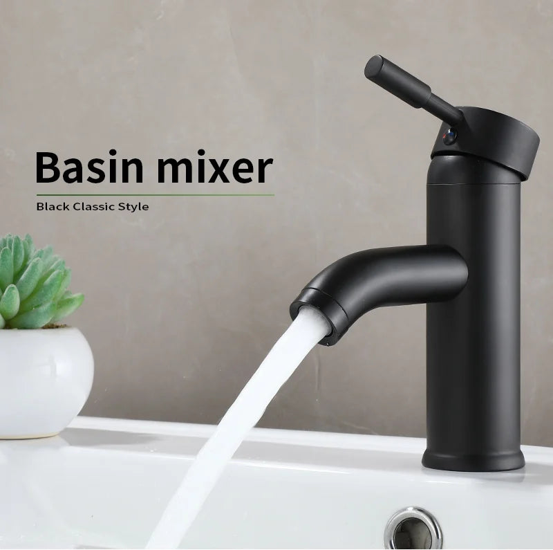 Black Minimalist Style Bathroom Faucet Hot Cold Water Sink Mixer Tap Stainless Steel Basin Faucets