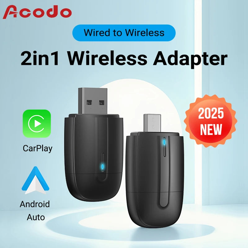 Acodo 2025 New Mini Dual interface Wireless Adapter Carplay/Android auto 2in1 function USB/Type-C convenience wired to wireless