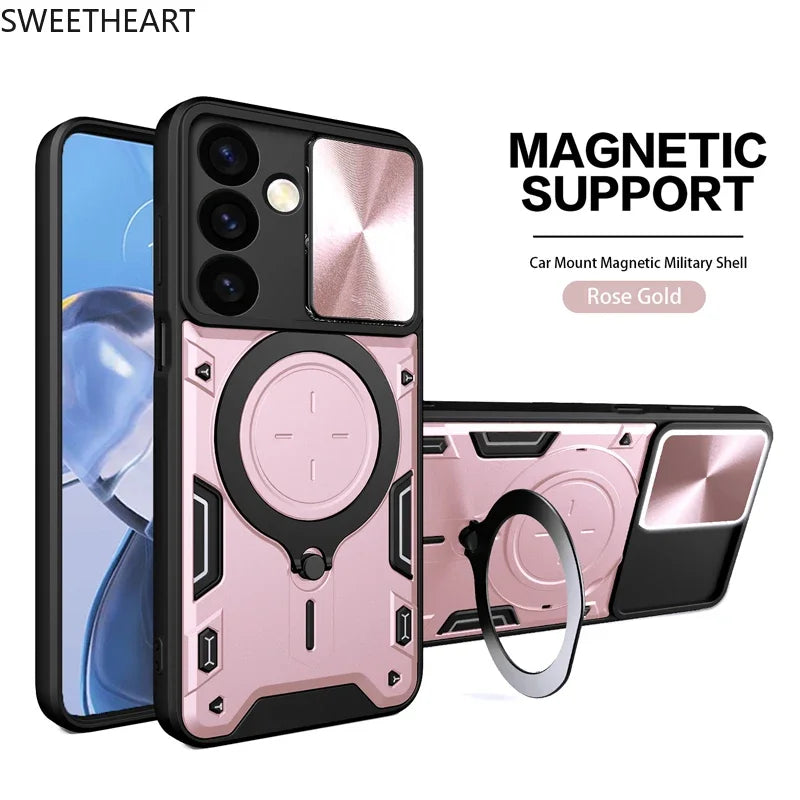 Magnetic Adsorption Armor Metal Ring Case For Samsung Galaxy S25 24 23 22 21 20 Ultra S24 S23 Plus S24FE Incoming Call Flashing
