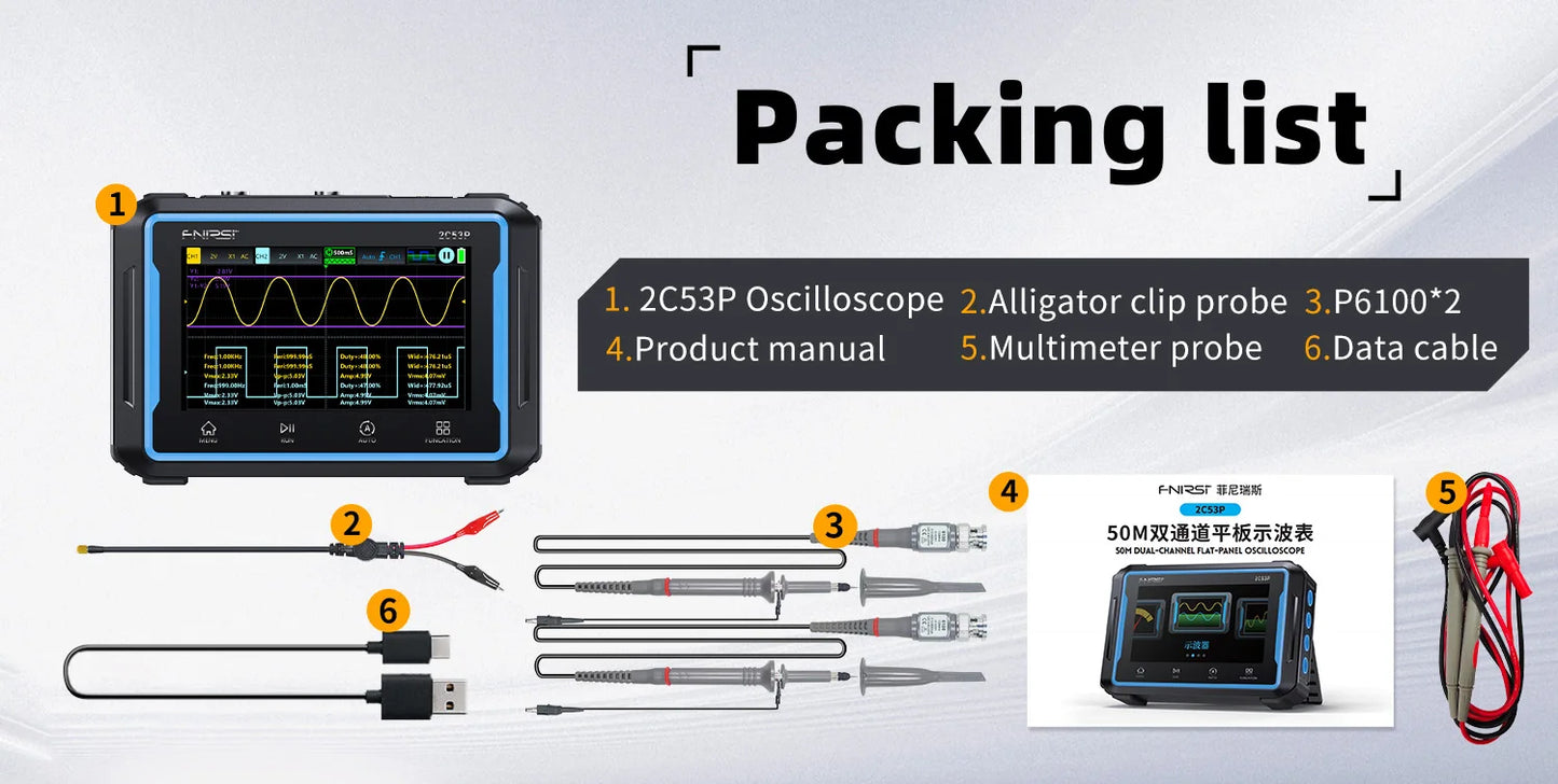 2C53P Touch Screen Portable Digital OSC Multimeter Signal Source 3in1 2 Channel 50MHz 250Ms/S 19999 Counts