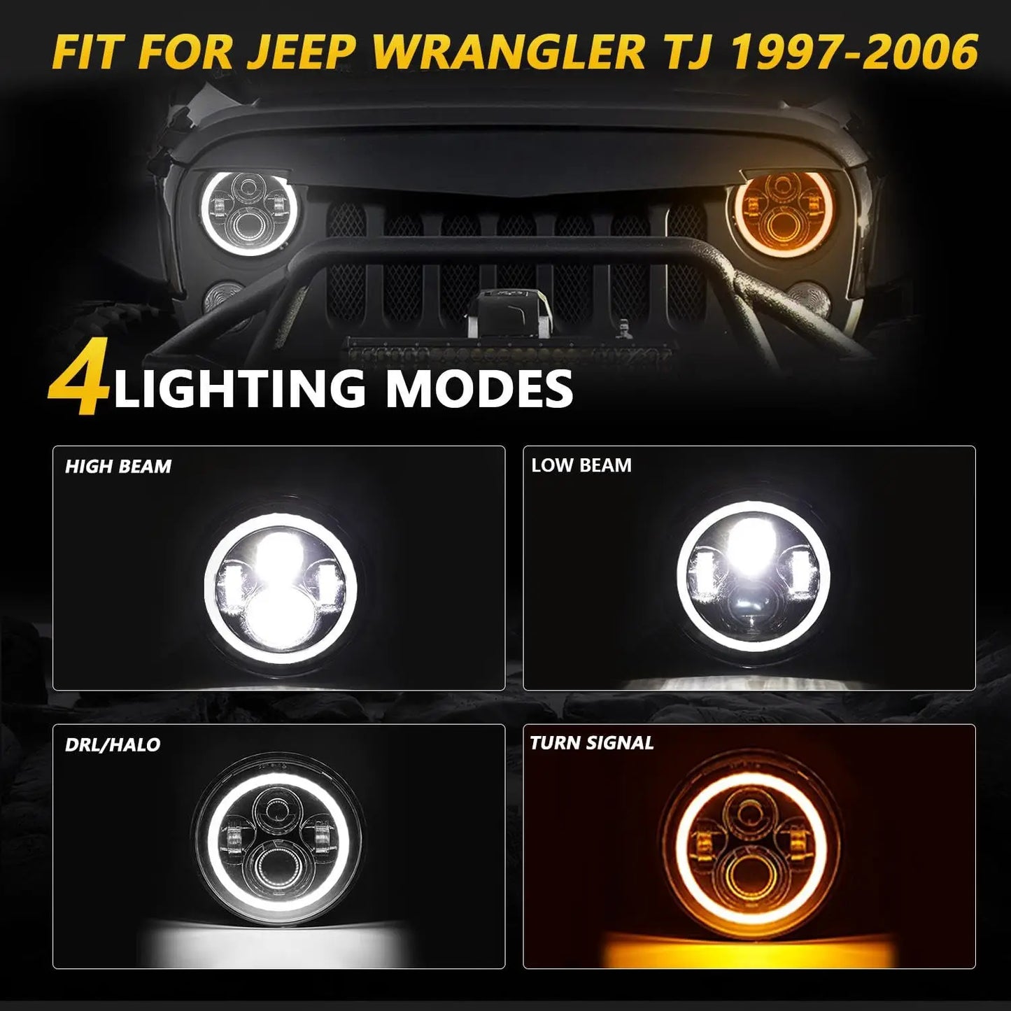 7 inch Round LED Headlight Halo Ring with Hi/Lo Beam Angel Eyes DRL Amber Turn Signal for Offroad Jeep Wrangler JK TJ CJ Moto