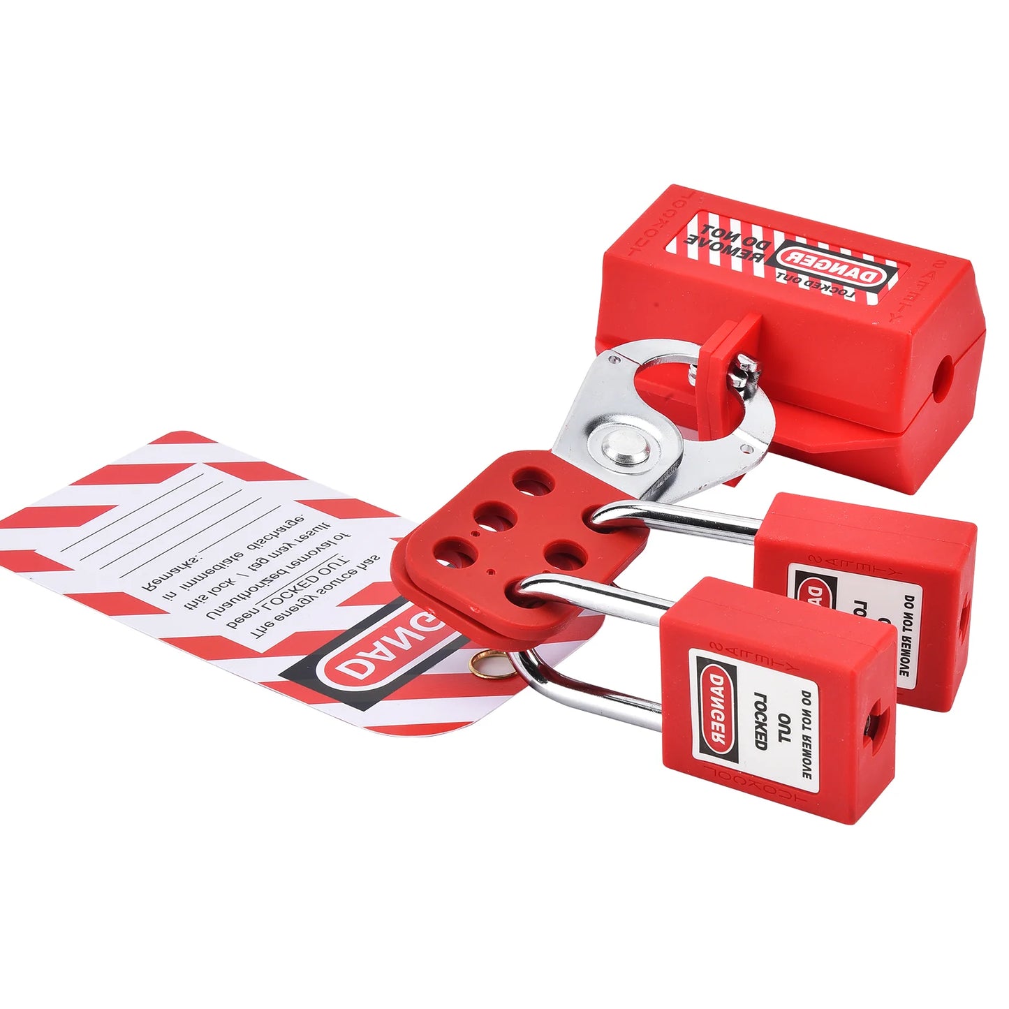 Red Electrical Lockout Tagout LOTO Kit with Pocket Bag Includes Safety Hasp Warning Tags Circuit Breaker Locks Nylon Ties