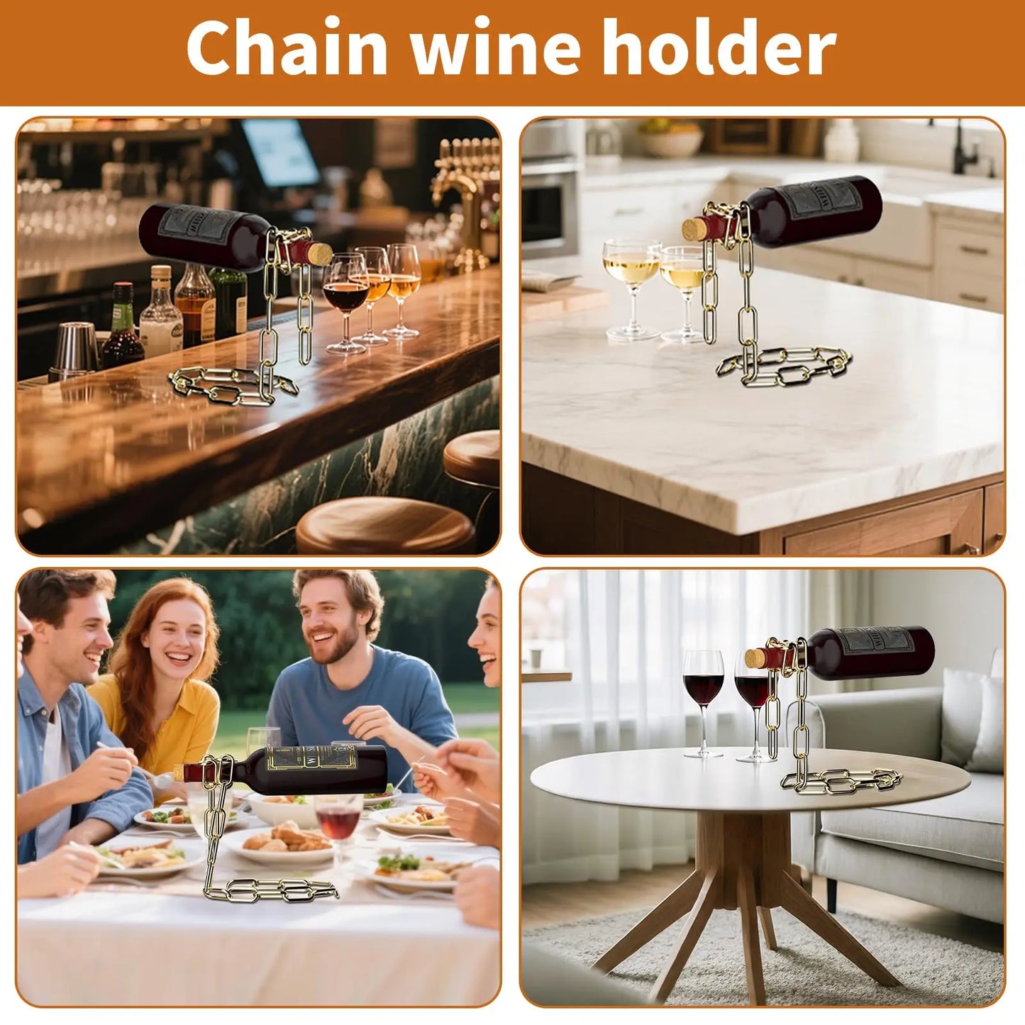 Floating Wine Bottle Holder - Magic Steel Chain Wine Rack for Suspended Display - Holds Any Long-Neck Wine Bottles