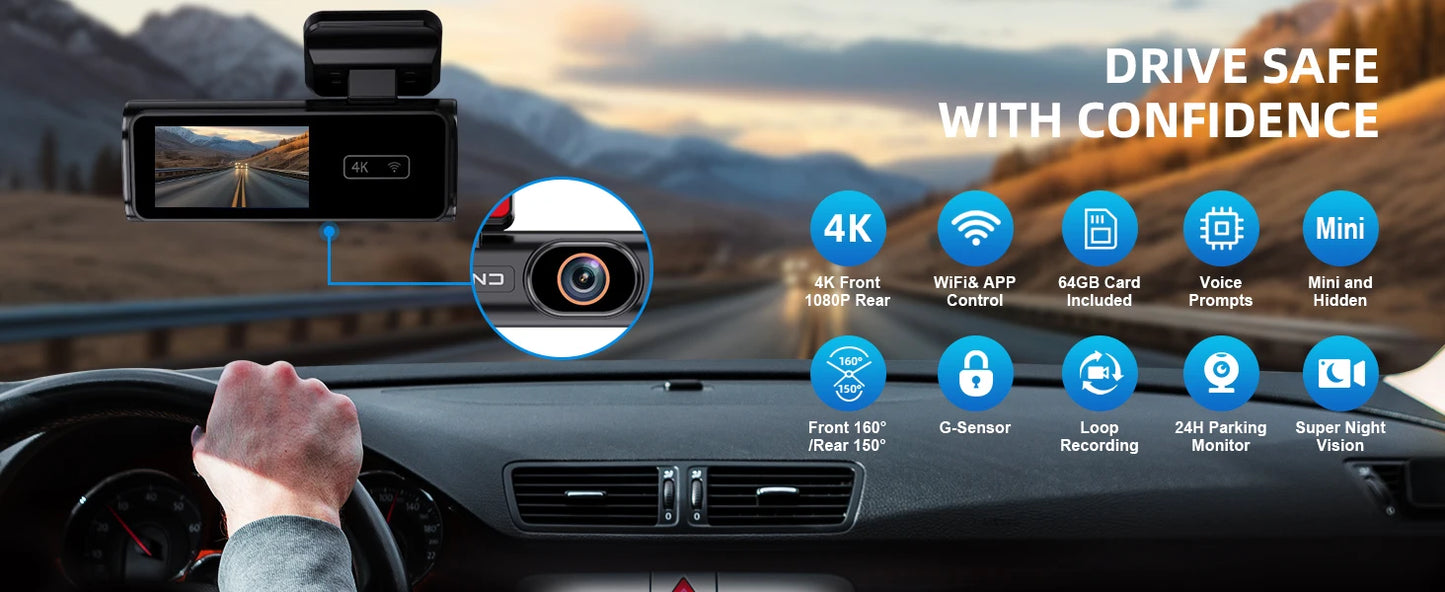 Aprilboy 4K WIFI Dash Cam Mini CAR DVR Front and Rear Dual Lens With 1080P Black Box Room Night Vision Camera Parking Monitor