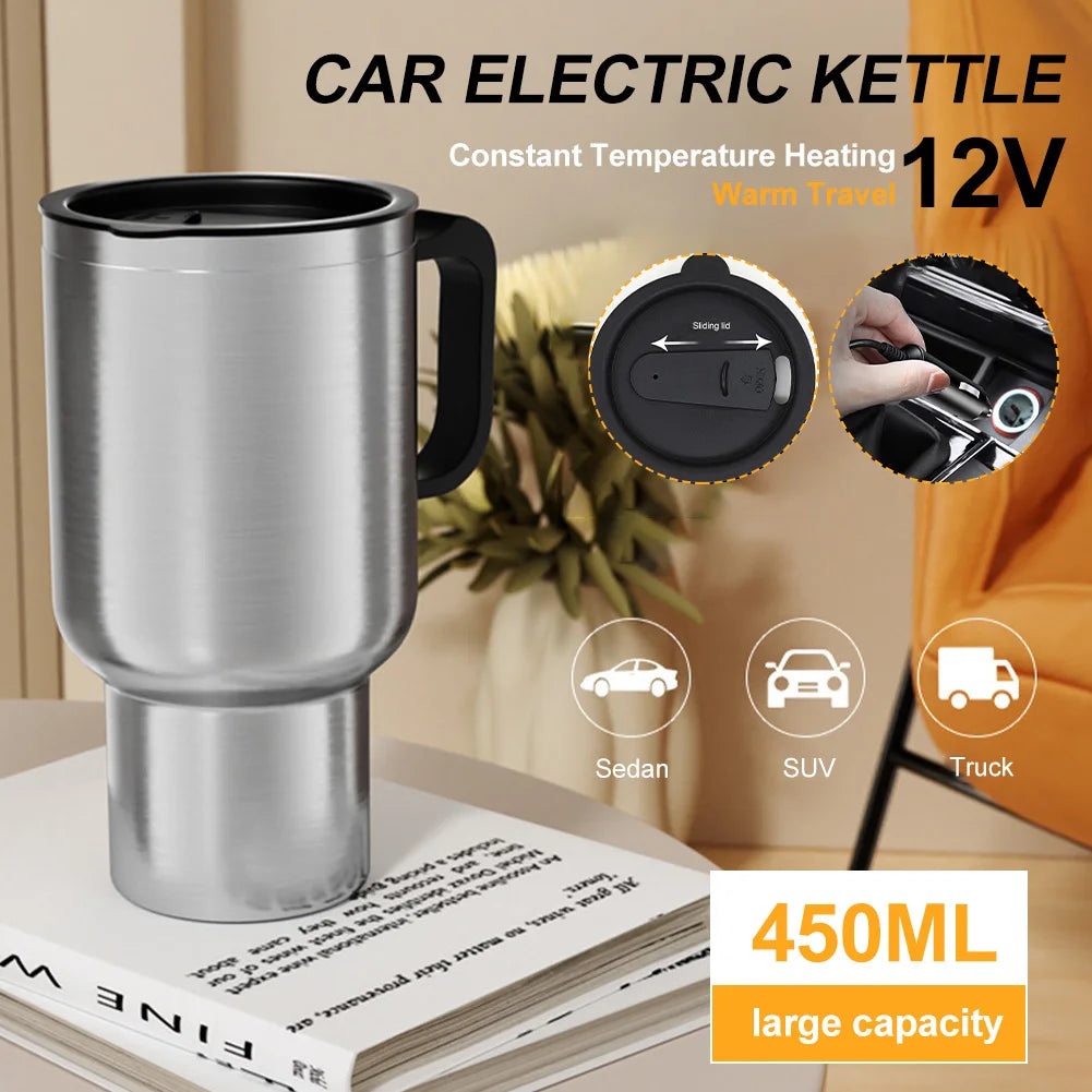 DC 12V Car Electric Kettle 450ml Car Heating Cup Stainless Steel Travel Coffee Mug Double Layer Vacuum Insulation Travel Kettle
