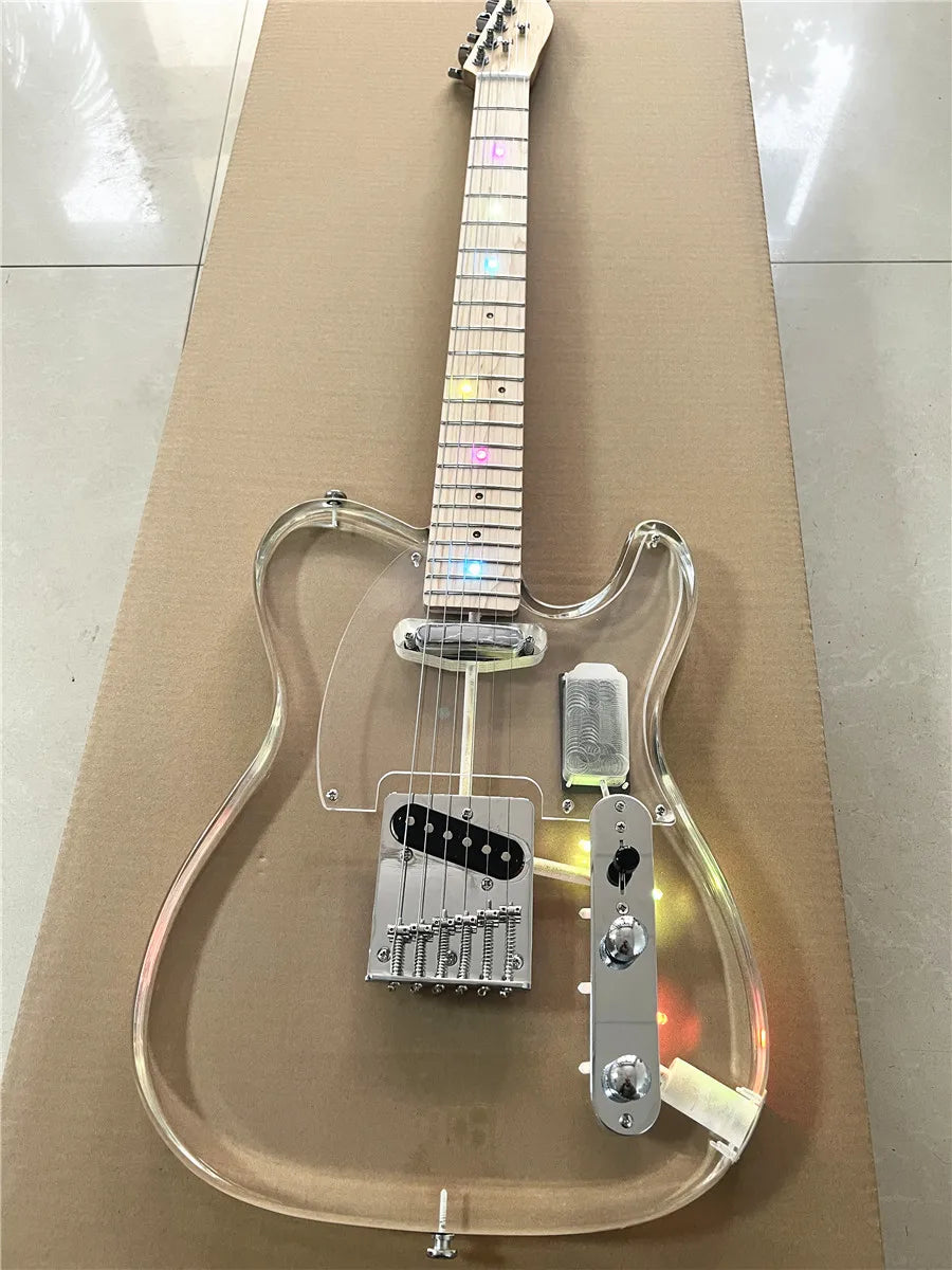 High quality classic acrylic transparent Plexiglass crystal 6-string electric guitar LED lights Maple guitar neck Free shipping