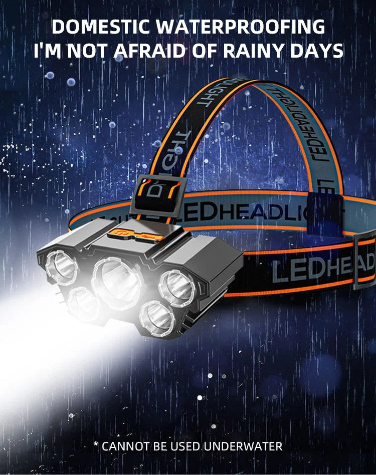 5 LED Headlamp Rechargeable with Built in 18650 Battery Strong Light Headlight Camping Adventure Fishing Head Light Flashlight