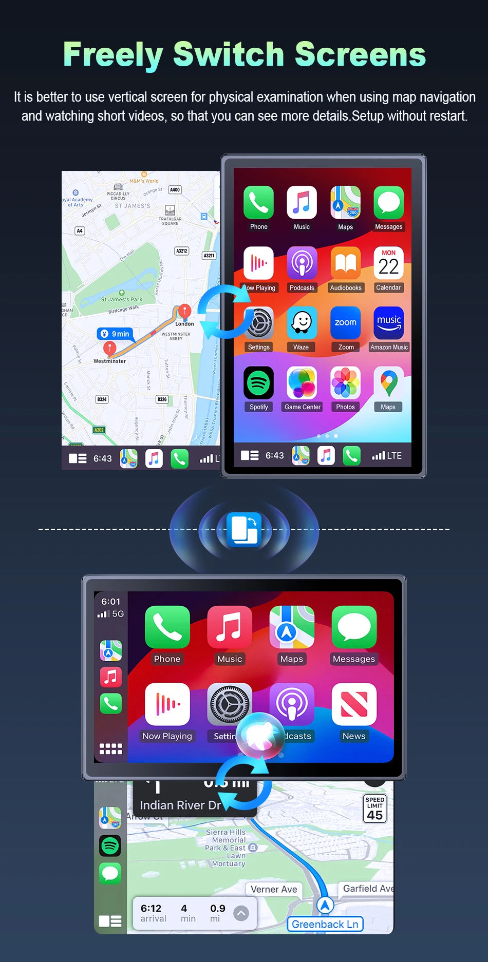 7 inch Portable Multimedia Player Carplay AI Screen IPS Touch Screen GPS Navigation Bluetooth Support Horizontal/Vertical Screen
