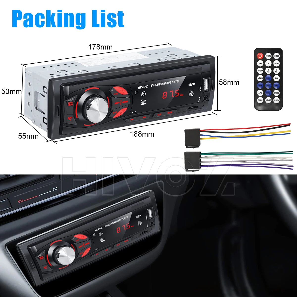 HIVOZ Car Radio Audio 1 Din Bluetooth Stereo Hands-Free Calling MP3 Player FM Receiver With AUX/USB/TF Card In Dash Kit