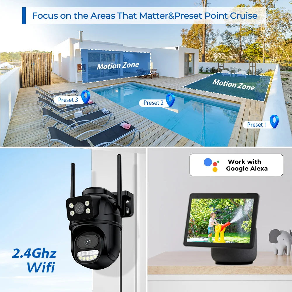 4K 8MP HD Wifi PTZ Camera Outdoor 4MP Dual Lens Dual Screen AI Auto Tracking IP Camera CCTV Audio Video Surveillance P2P iCSee