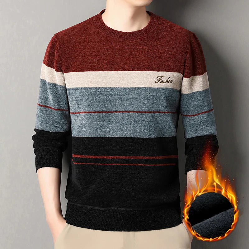 High Quality Men's Sweaters Fashion Knitting Pullover Striped Men's Autumn Winter Tops Round Neck Jerseys Fleece Bottom Shirts