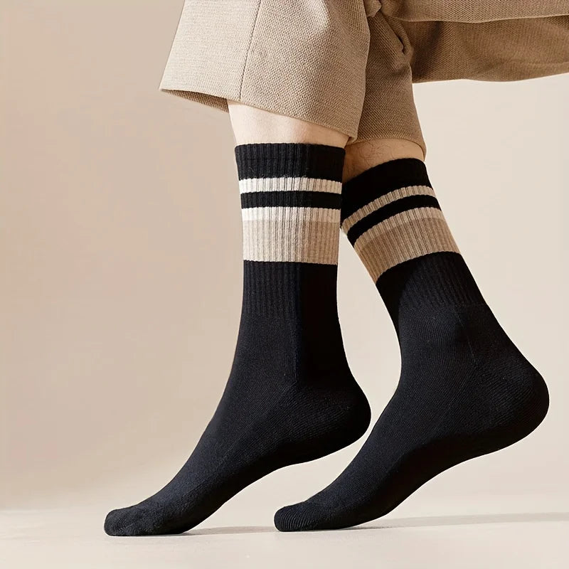 4 Pairs Of Men's Vintage Striped Crew Socks, Thermal Breathable Comfy Socks For Men's Wearing, Autumn & Winter