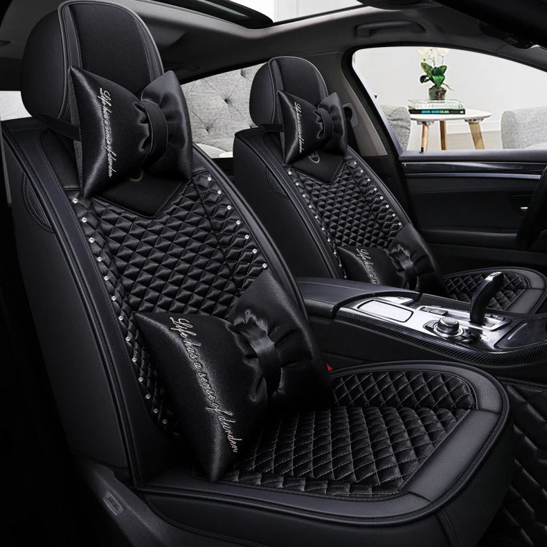 4 Pc Breathable 3D Bling Diamond Inlaid Leather Flax Car Seat Cover For Women