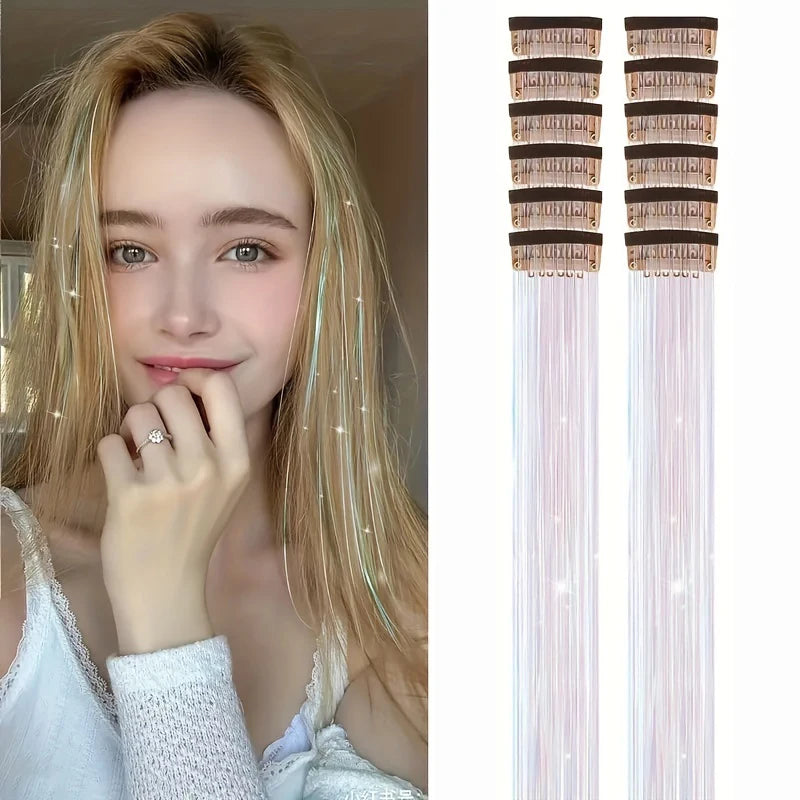 12pcs Per Pack of BB Hair Clips,Shiny Metallic Hair Extensions with Clips,Synthetic Hair, Sparkling Hair Accessories for Women