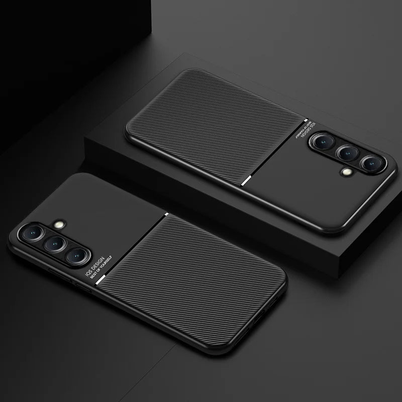 Car Magnetic Holder Leather Plate Phone Case for Samsung Galaxy S25 S22 S23 S24 Ultra Plus Edge S21 S20 FE 5G Soft Back Cover
