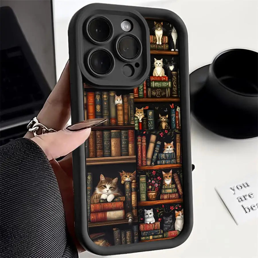 Vintage Bookshelf Kitten Phone Case for iPhone 16 15 Pro Max 13 12 11 14ProMax 16Plus 12Pro 16e Soft Cover