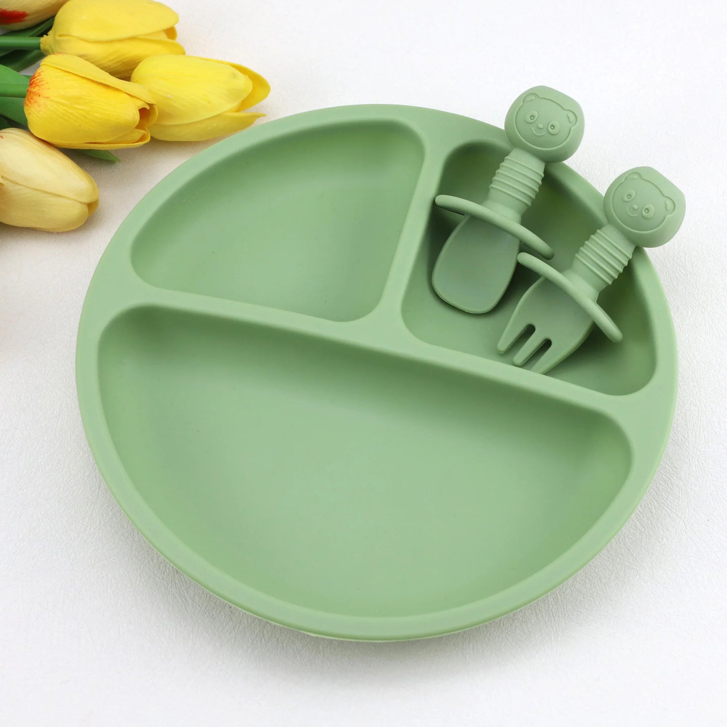 3pcs baby silicone tableware set, complementary food feeding plate, strong suction, cartoon short spoon fork, easy to grip