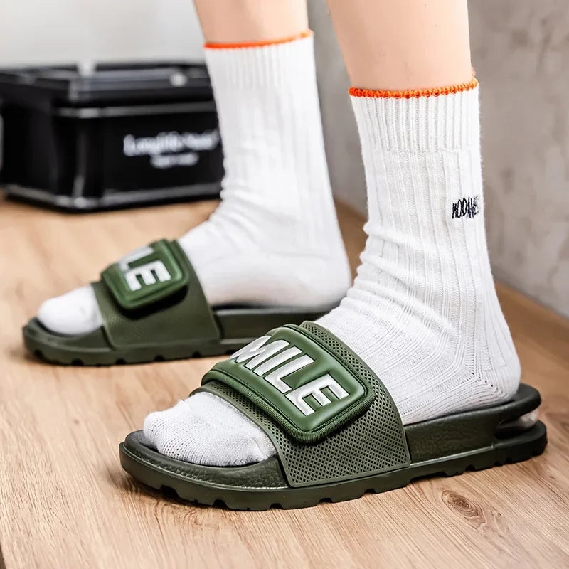 Men's Casual Slip-On Shoes Thick Bottom Air-Cushioned Slippers Magic Tape Simple High-End Summer Sandals EVA Material