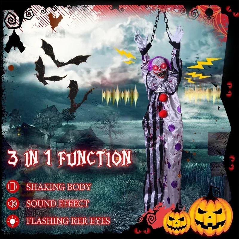Halloween Hanging Animated Decorations Talking Shaking Scary Clown with Chain Voice Control Outdoor Yard Haunted House Prop
