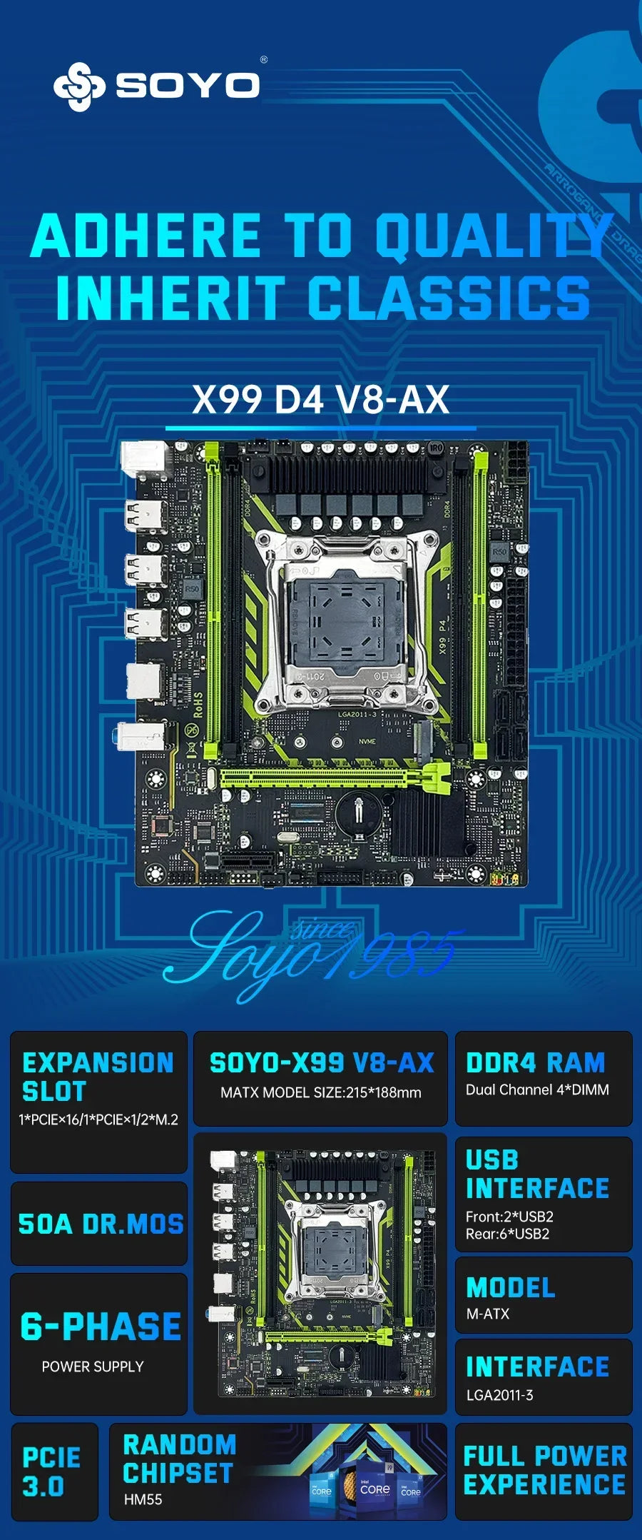 SOYO X99 Motherboard Set with Intel Xeon E5 2650 V4 CPU & Dual-channel DDR4 16Gx1 2133MHz RAM for Gaming Computer Components