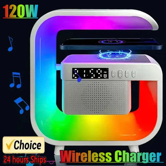 Multifunction Wireless Charger Pad Stand Speaker TF RGB Night Light 15W Fast Charging Station for iPhone Samsung Xiaomi Huawei