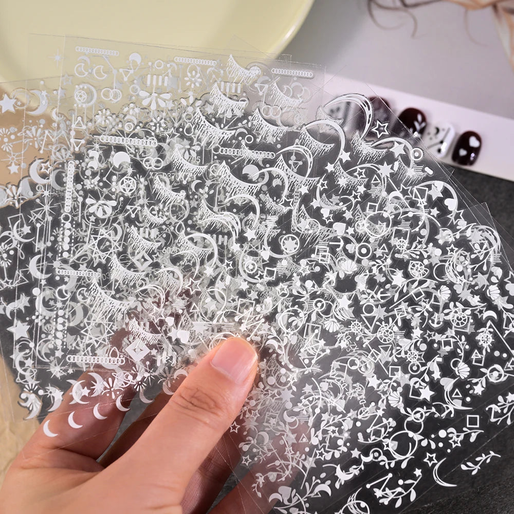 12Pcs Gold/Silver Tasse/Line/Star/Moon 3D Nail Art Stickers Leaf/Geometric Design Self-adhesive Sliders Luxury Manicure Decals