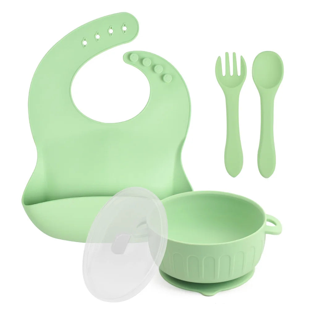 Mother Kids Baby Silicone Feeding Set Sucker Plate Antislip Bowl Spoon Cup Children Tableware Safe Non Toxic Dishwasher Safe
