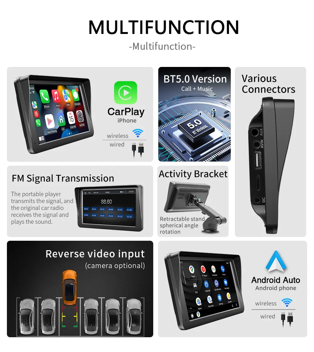 BQCC 7inch Car Radio Multimedia Video Player Wireless Carplay And Wireless Android Auto Touch Screen Sun Visor 5300