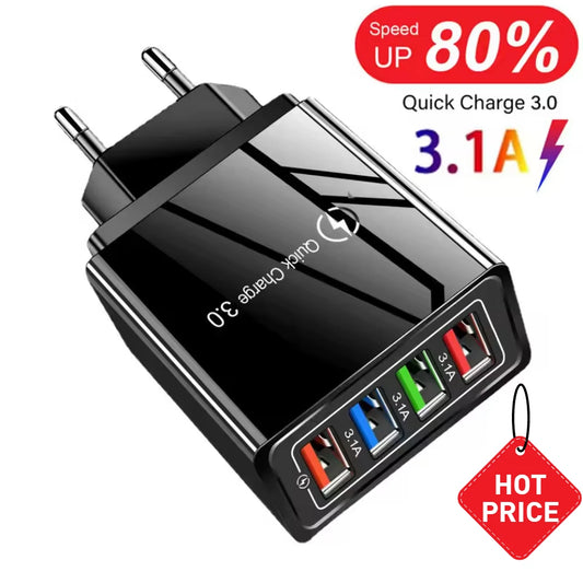 3.1A USB Charger 4 Ports Fast Charging QC 3.0 Wall Charger For Xiaomi iPhone 15 Samsung US/EU Mobile Phone Plug Travel Charger